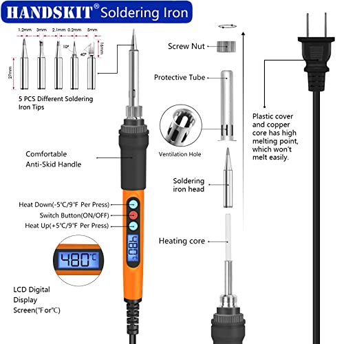 Soldering Iron Kit, 90W Soldering Iron LCD Adjustable Temperature, 13 in 1 Soldering Welding Iron Gun Kit with 5 Tips, Flux, Desoldering Pump, Stand, Tweezers, Wire Cutter, Solder Wire, Sponge, 110V | 5 soldering tips, desoldering pump, soldering iron sta