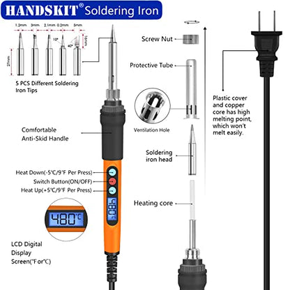 Soldering Iron Kit, 90W Soldering Iron LCD Adjustable Temperature, 13 in 1 Soldering Welding Iron Gun Kit with 5 Tips, Flux, Desoldering Pump, Stand, Tweezers, Wire Cutter, Solder Wire, Sponge, 110V | 5 soldering tips, desoldering pump, soldering iron sta