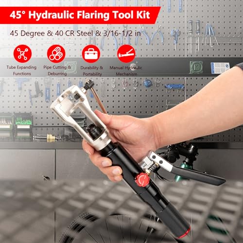 Hydraulic Flaring Tool Kits, 45° Double Flaring Tools, 33PCS Flaring Dies, Brake Repair Brake Flaring Tool for 3/16"-1/2", with Tube Cutter and Deburrer, for Copper Line, Steel Pipe Automotive Repair