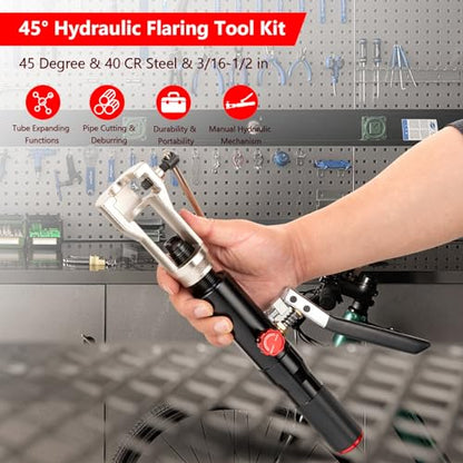 Hydraulic Flaring Tool Kits, 45° Double Flaring Tools, 33PCS Flaring Dies, Brake Repair Brake Flaring Tool for 3/16"-1/2", with Tube Cutter and Deburrer, for Copper Line, Steel Pipe Automotive Repair