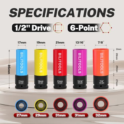 BILITOOLS 5pcs Impact Lug Nut Socket Set, 1/2" Drive Non-Marring Thin Wall | Metric 17/19/21mm & SAE 13/16-7/8", Cr-Mo Steel, Thin Wall, 6-Point Flank Drive, Color-Coded, Impact-Rated - style: Lug Nut Socket Set