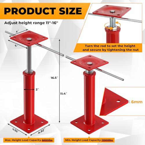 2PCS House Floor Jacks with Adjustment Lever, 11"- 16" Height Range, Adjustable Jack Post for Lifting, Crawl Space Jacks for Temporary Support - 11000 lbs Max Load Capacity, Red - size: 11-16in Red
