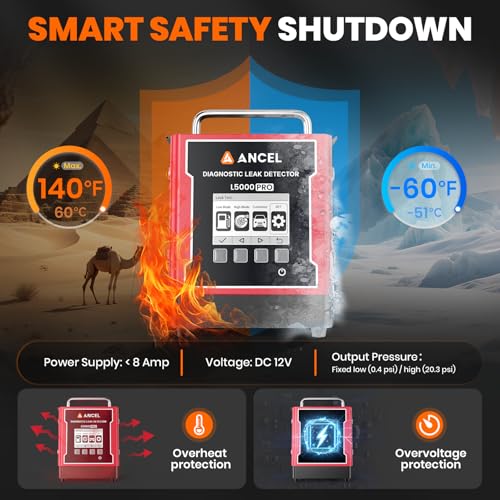 ANCEL L5000 PRO EVAP Turbo Smoke Machine Automotive Leak Detector – Smoke Tester Adds Pressure Decay & Vacuum Test for All Systems, Built-in Pump, 0.4-20 PSI, LCD Screen, Detects Micro to Major Leaks - color: Red