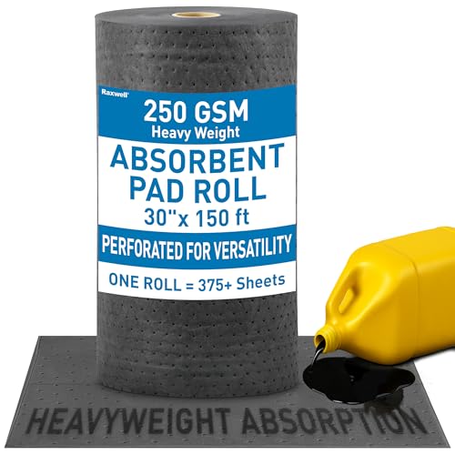 Raxwell Universal Absorbent Roll – 30” x 150 ft Heavyweight Spill Absorbent Pads, 250 GSM, Perforated Polypropylene Roll for Oil, Water, Coolants & Chemical Spill Control - size: 375 Sheets Rolls