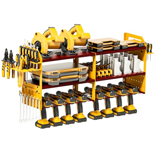 Mens Gifts, Large Power Tool Organizer Wall Mount, Drill Holder for Tool Storage, Tool Holder Storage Rack for Garage Organization, Heavy Duty Metal Tool Shelf Loads 500Lbs (Red & Yellow) - color: Red&Yellow