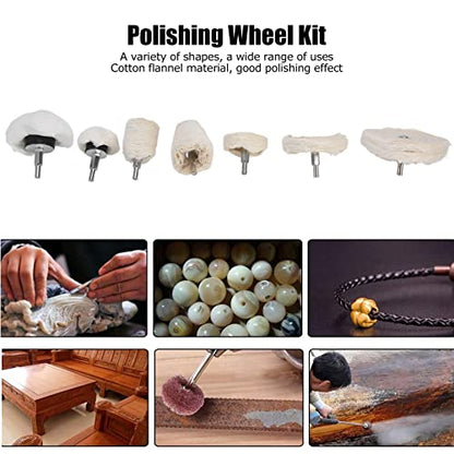 7 Piece Buffing Wheel Kit for Drill Cotton Flannel Polishing Pads in Cylindrical Cone Flat Shapes 1 4 Inch Shank Compatible with Tools Ideal for Metal Glass Stainless Steel Automotive Finishing