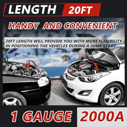 1 Gauge 20FT Jumper Cables, Commercial Grade Automotive Booster Cables for Jump Starting Dead or Weak Batteries, Heavy Duty Booster Cable for Car Van Truck - size: 1 Gauge - 20FT