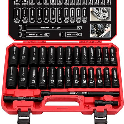 29-Piece 1/2" Drive Impact Socket Set, SAE (3/8 to 1 inch) and Metric (10-24mm) Sizes with Extension Bars Standard Deep Socket Set CR-V Material High Durability Impact Wrench - style: 1/2" | 29-Piece Standard & Deep