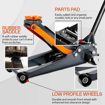 Maxority 3-Ton (6600lbs) Low-Profile Dual Pistons Heavy-Duty Steel Racing Floor Jack with Quick Lift Hydraulic Pump, Foot Pedal and Magentic Pad for Car Maintenance (Orange, 3 Ton Low Profile)