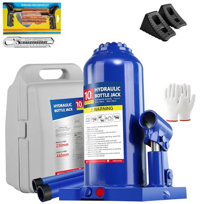 10T Bottle Jack with Tire Kit & Wheel Chock, 20,000 lbs | Welded steel jack for box trucks & farm equipment. 9.06"-17.32" lift. Chock included. Portable. - color: 10 Ton with Tire Kit + Wheel Chock
