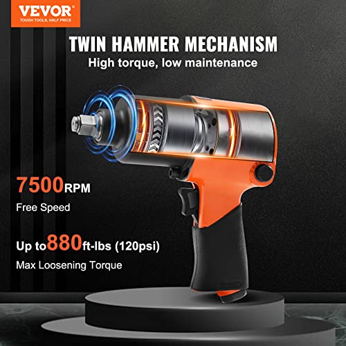 VEVOR Air Impact Wrench, 1/2" Drive Air Impact Gun Up to 880ft-lbs Nut-busting Torque, 7500RPM Lightweight Pneumatic Tool for Auto Repairs and Maintenance - size: 1/2-Inch/880 ft-lbs