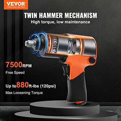 VEVOR Air Impact Wrench, 1/2" Drive Air Impact Gun Up to 880ft-lbs Nut-busting Torque, 7500RPM Lightweight Pneumatic Tool for Auto Repairs and Maintenance - size: 1/2-Inch/880 ft-lbs
