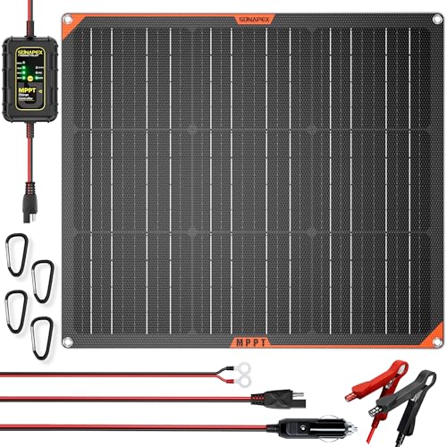 SUNAPEX MPPT 50Watt 12V Solar Car Battery Trickle Charger & Maintainer | Waterproof Flexible Solar Panel Kit | Prevents Overcharging with Smart Controller | Fits 12V Batteries for Boats, RVs & More - color: Black, size: 50W MPPT