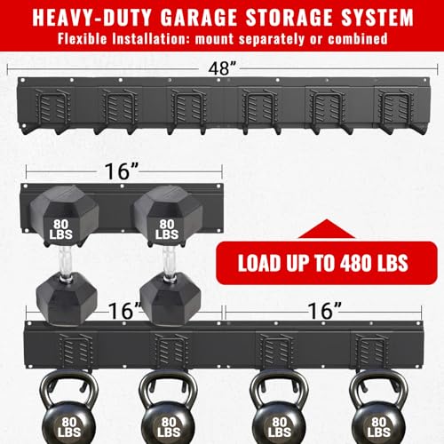 Garage Tool Organizer Wall Mount, Easy to 48inch Install Heavy-Duty Garage Storage System with 6 Adjustable Straight Hooks, Garden Tool Rack for Shovels, Rakes, Yard Tools - size: 48" System - 6 Piece Standard Set
