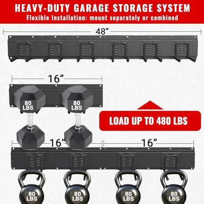 Garage Tool Organizer Wall Mount, Easy to 48inch Install Heavy-Duty Garage Storage System with 6 Adjustable Straight Hooks, Garden Tool Rack for Shovels, Rakes, Yard Tools - size: 48" System - 6 Piece Standard Set