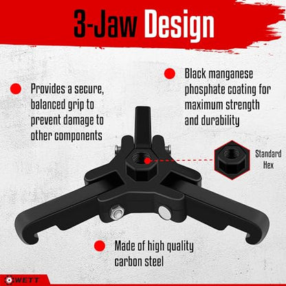 WETT Harmonic Balancer Puller Set, Heavy Duty Adjustable 3 Jaw Pulley Puller Tool, 3/8” Square Drive, Push Bolt, Forcing Rods, Removing Harmonic Dampers and Balancers, Automotive Repair