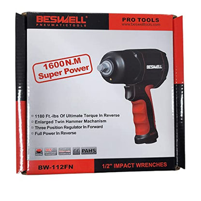BESWELL BW-112FN1 1/2-Inch Air Impact Wrench - 1180 Ft-Lbs Max Torque | Rugged twin hammer air tool built for heavy-duty automotive repairs, quick tire shop changes, and demanding garage work.
