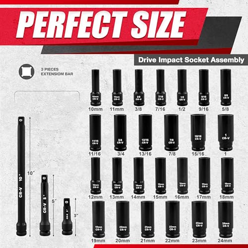 29pcs 1/2" Socket Set, Drive Deep Impact Socket Set, Including 3 ", 5", 10" Impact Extension Bar, Standard SAE (3/8 "- 1") and Metric (10mm-24mm), Cr-V Steel - size: 29 PCS (3/8"-1")