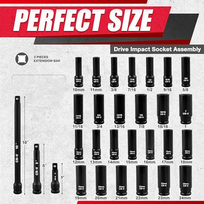 29pcs 1/2" Socket Set, Drive Deep Impact Socket Set, Including 3 ", 5", 10" Impact Extension Bar, Standard SAE (3/8 "- 1") and Metric (10mm-24mm), Cr-V Steel - size: 29 PCS (3/8"-1")