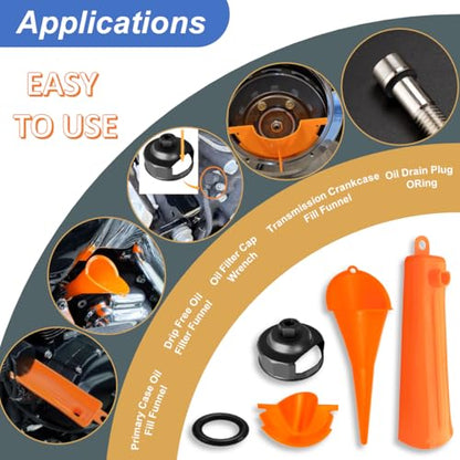 Oil Change Tool Kit for Harley Davidson Accessories,Oil Filter Wrench,Crankcase Fill Tool,Primary Case Funnel,Drip-Free Oil Filter Funnel,20PCS O-Rings