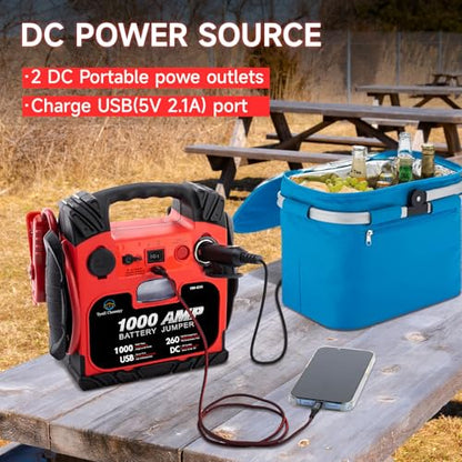 Car Battery Jump Starter with Air Compressor Portable Tire Inflator,260PSI 1000Amp Battery Booster Jumper Box(Up to 5L Gas or 5L Diesel) Power Station 12V DC Outlet USB Port,LED Light - style: HH635