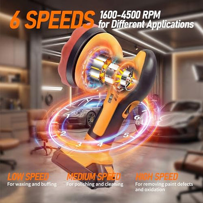 6 In Cordless Car Buffer Polisher Fit for Dewalt 20V Battery(NO Battery) | Brushless Dual-Action Polisher, 6 Variable Speed 4500RPM for Car Detailing