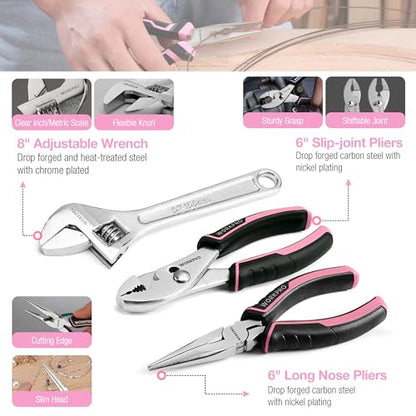 WORKPRO Pink Tool Set, 284 PCS Tool Kit for Women, Basic Household Tool Box with Sockets, Pliers, Ratchet Handle, Portable Toolkit for Home Repair, New Apartment, House-Warming, DIY - Pink Ribbon