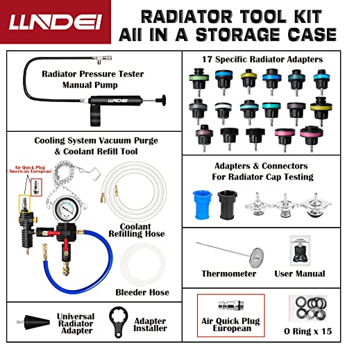 LLNDEI Coolant Radiator Pressure Tester Kit 28PCS Radiator Pressure Tester Pneumatic Vacuum Cooling System Purge Refill Leak/Refiller Set, Universal Automotive Domestic/Import Vehicles, Motorcycle
