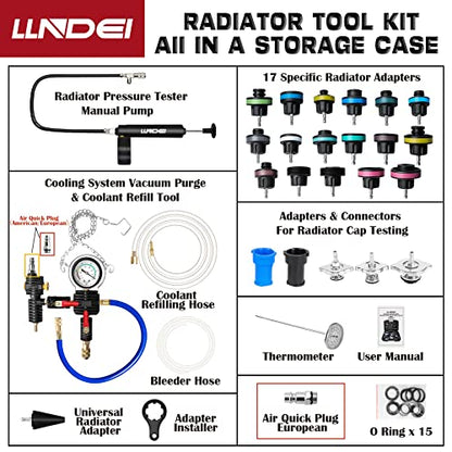 LLNDEI Coolant Radiator Pressure Tester Kit 28PCS Radiator Pressure Tester Pneumatic Vacuum Cooling System Purge Refill Leak/Refiller Set, Universal Automotive Domestic/Import Vehicles, Motorcycle