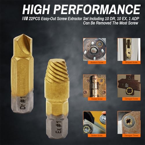 22PCS Titanium Damaged Screw Extractor Set, HSS 4341 Screw Extractor Kit, Easy Out Stripped Screw Extractor of Rusty & Broken with Magnetic Extension Bit Holder & Socket Adapter - size: 22 Pieces
