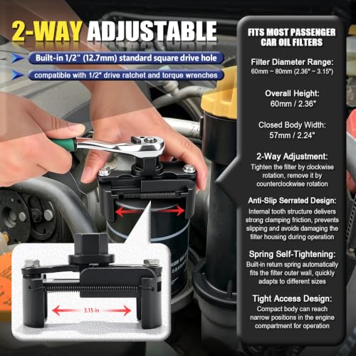 Universal Adjustable Oil Filter Wrench, 2-3/8 to 3-1/8" Cap Style Oil Filter Removal Tool with Auto-Clamp Spring for Motorcycle, Car, Small to Medium Spin-on Filters