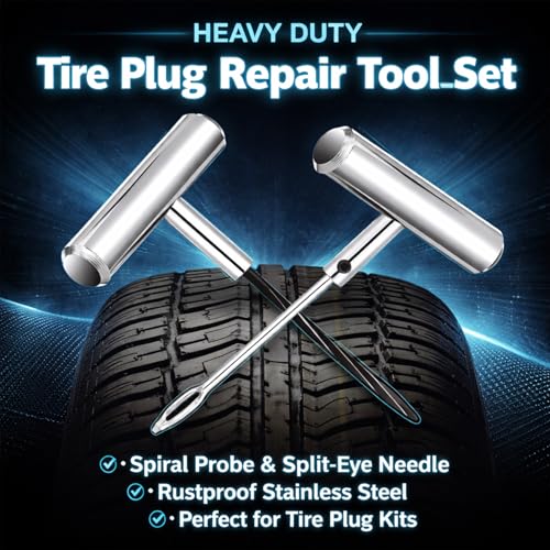 Auto Stainless Steel Solid T-Handle Set - Pro Heavy Duty Spiral Probe & Split Eye Needle Tire Repair Set for Tire Plug Kits & Patch/Fix Tire Plugs