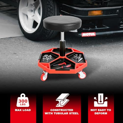 Torin ATRXF8308B Pneumatic Mechanic Stool/Rolling Shop Creeper Seat with Adjustable Height and 4 Removable Tool Trays, 300 lb Capacity, Black/Red