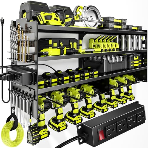 POKIPO Large Power Tool Organizer Wall Mount with Charging Station,4 Layer Heavy Duty Metal Tool Storage Rack Loads 600lbs with 8 Cordless Drill Holder,Battery Utility Rack Loads with 4 Power Strip - color: Black, size: Large with Power Station