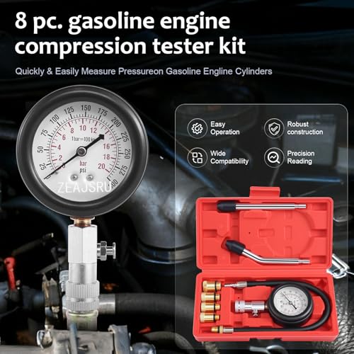 Engine Compression Tester Kit 8PCS, 0-300 PSI Cylinder Pressure Test Tool for Gasoline Engines on Cars, Motorcycles, ATVs & Small Engines with Dual Scale Gauge and Adapters (Red-8PC)