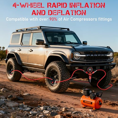 4 Tire Inflation Deflation System W/300PSI Digital Pressure Gauge | Fits up to 200" Wheelbase, Plastic Carry Box & Heavy Duty Hoses, Fits Truck, Car, Trailer, Motorcycle Offroad Vehicles, Red - color: Red