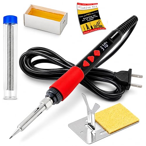 Soldering Iron Kit, 60W Digital LED Display Solder Pen, 5-in-1 Fast Heating with Solder Wire, Flux Rosin Paste, Mini Stand, Sponge for Electronics Repair Hobby DIY 120V US Plug from Plusivo - color: Digital Soldering Iron Kit 7