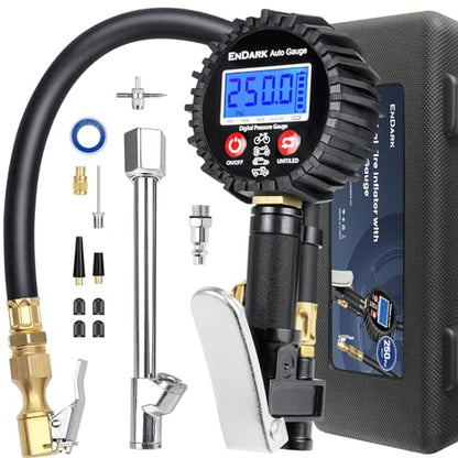 ENDARK Tire Inflator Pressure Gauge for Air Compressor - Digital Air Chuck | 3-250 PSI, 1% Accuracy, 0.1 PSI Resolution, 360° Rotating Chuck, Extended Hose, Dual-Head Chuck, Hard Carrying Case - color: Gray