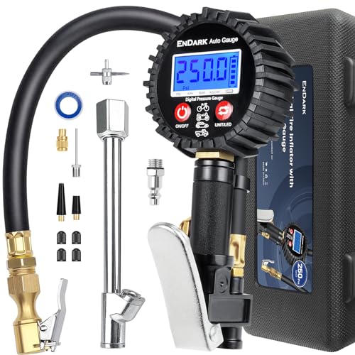 ENDARK Tire Inflator Pressure Gauge for Air Compressor - Digital Air Chuck | 3-250 PSI, 1% Accuracy, 0.1 PSI Resolution, 360° Rotating Chuck, Extended Hose, Dual-Head Chuck, Hard Carrying Case - color: Gray