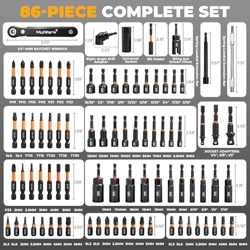 Mulwark 86PC Magnetic Nut Driver Set & Impact Driver Bit Set, 1/4" Metric & SAE Sockets, Nut Driver Set Power Bits, Adapters, Extensions, Universal Socket, Wing Nut Driver & Bit Holder for Automotive
