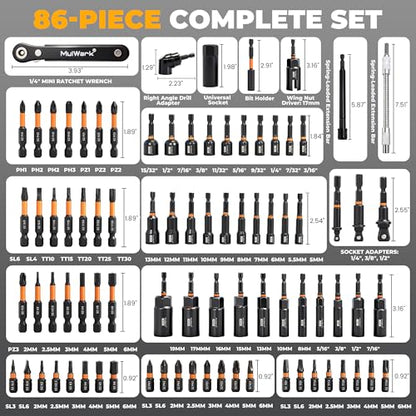 Mulwark 86PC Magnetic Nut Driver Set & Impact Driver Bit Set, 1/4" Metric & SAE Sockets, Nut Driver Set Power Bits, Adapters, Extensions, Universal Socket, Wing Nut Driver & Bit Holder for Automotive