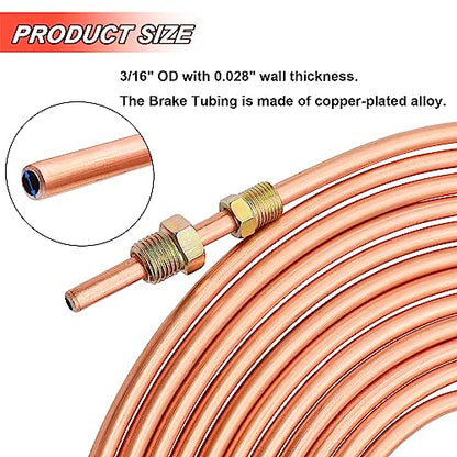 Tnisesm 3/16" 25 Ft Upgrade Brake Line Tubing Kit, 3/16 Copper Coated Flexible Tube (Upgrade 16Pcs Fittings,4Pcs Unions+8Pcs Nut) - style: 3/16“ Brake Line