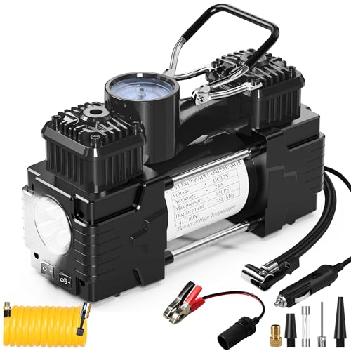 Dual Cylinder Tire Inflator Portable Air Compressor 12 Volt Car Air Pump Car Accessories 150 PSI LED Light, Heavy Duty Off Road for Truck, SUV, Car, RV(BLACK) - color: Black