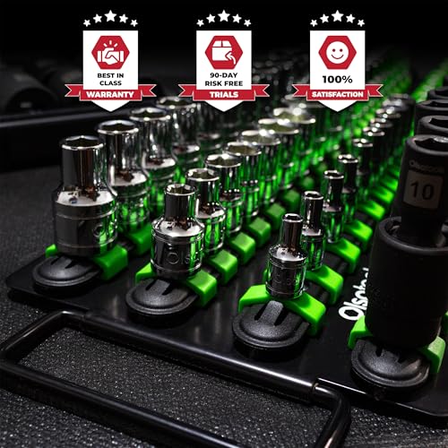 Olsa Tools Portable Socket Organizer Tray - Black Rails with Green Clips - Holds 80 Sockets - Professional Quality Socket Holder - Part 1024 - color: Black Tray/Green Clips