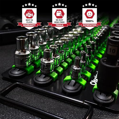 Olsa Tools Portable Socket Organizer Tray - Black Rails with Green Clips - Holds 80 Sockets - Professional Quality Socket Holder - Part 1024 - color: Black Tray/Green Clips