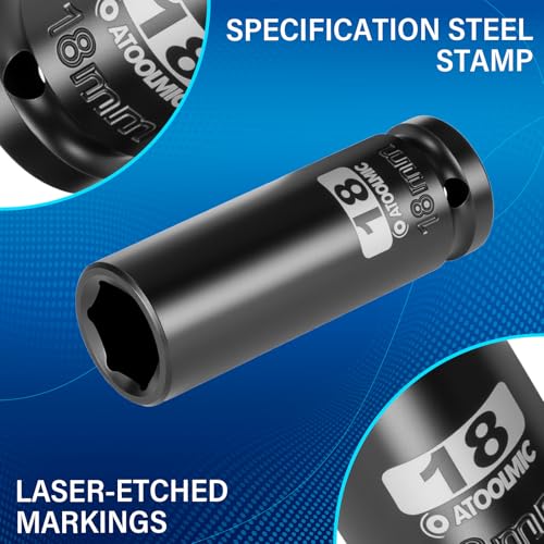 1/2 Inch Drive x 18mm Deep 6PT CR-MO Impact Socket for Removing Axle nut | Metric Socket,6-Point Radius Corner Design,Two Size Markings,Square Chamfered Opening,For Removal of Axle Nut - size: 18mm, style: 1/2" Drive Deep Socket