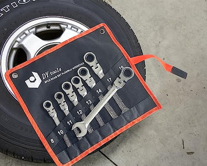 8 Piece Flex-Head Ratcheting Combination Wrench Set, 8-19mm Metric Chrome Vanadium Steel Spanner, Gear Ring Ratchet Wrenches with Rolling Pouch