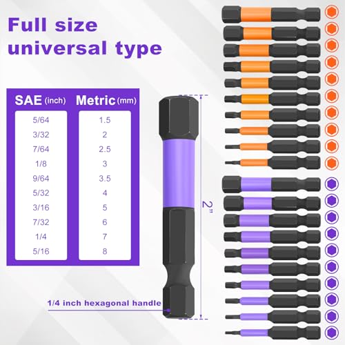40Pcs Allen Wrench Drill Bits Set,Metric & SAE Hex Key Impact Driver Bits,S2 Steel Magnetic 1/4" Hex Shank with Extension Bar,Long Reach Screwdriver Bits Set for Power Tools Includes 2" & 4"Lengths - color: Purple+orange