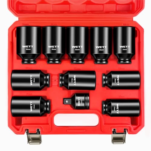 WETT 1/2" Drive Deep Large Impact Socket Set, 11-Piece Spindle Axle Nut Wheel Wrench Sockets Set, Jumbo Metric 6 Point Sockets with 3/4 to 1/2 Adapter, CR-V, (27mm-38mm) - size: 1-1/16"-1-1/2" (11pc) with Adapter