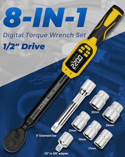 YIYEIE Digital Torque Wrench 1/2" Drive, 8.5-160 Ft-lb/10-220 N.m, ±1% Accuracy, Electronic Torque Tool with Buzzer and LED Alert, 1/2 Torque Wrench Set 8Pcs with Sockets for Motorcycle, Car Repair - size: 8PCS, style: 1/2-Inch (8.5-160 ft.lb)